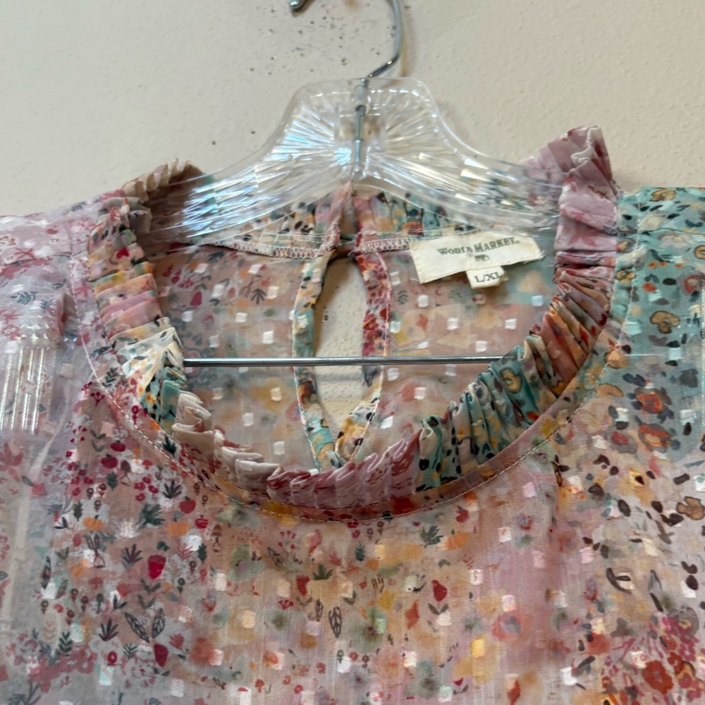 World Market Patchwork Floral Blouse L Cottagecore Prairie Boho Romantic hi I - Picture 4 of 6